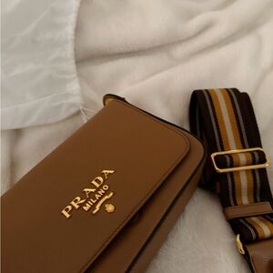 Prada Tan Leather Shoulder Bag with Striped Strap